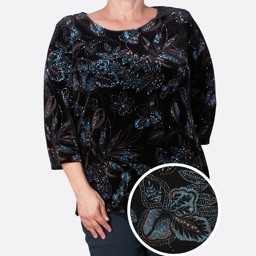 Elementz Glitter Velvet 3/4 Sleeve Top Floral Black Tunic XL 1X Whimsigoth Glam